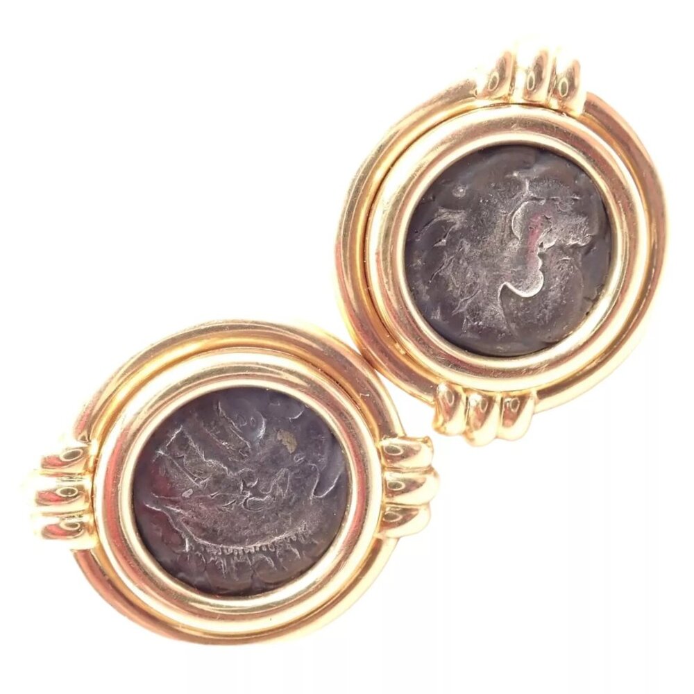 Vintage Bulgari Bvlgari 18k Yellow Gold Alexander The Great Coin Moneta Earrings
